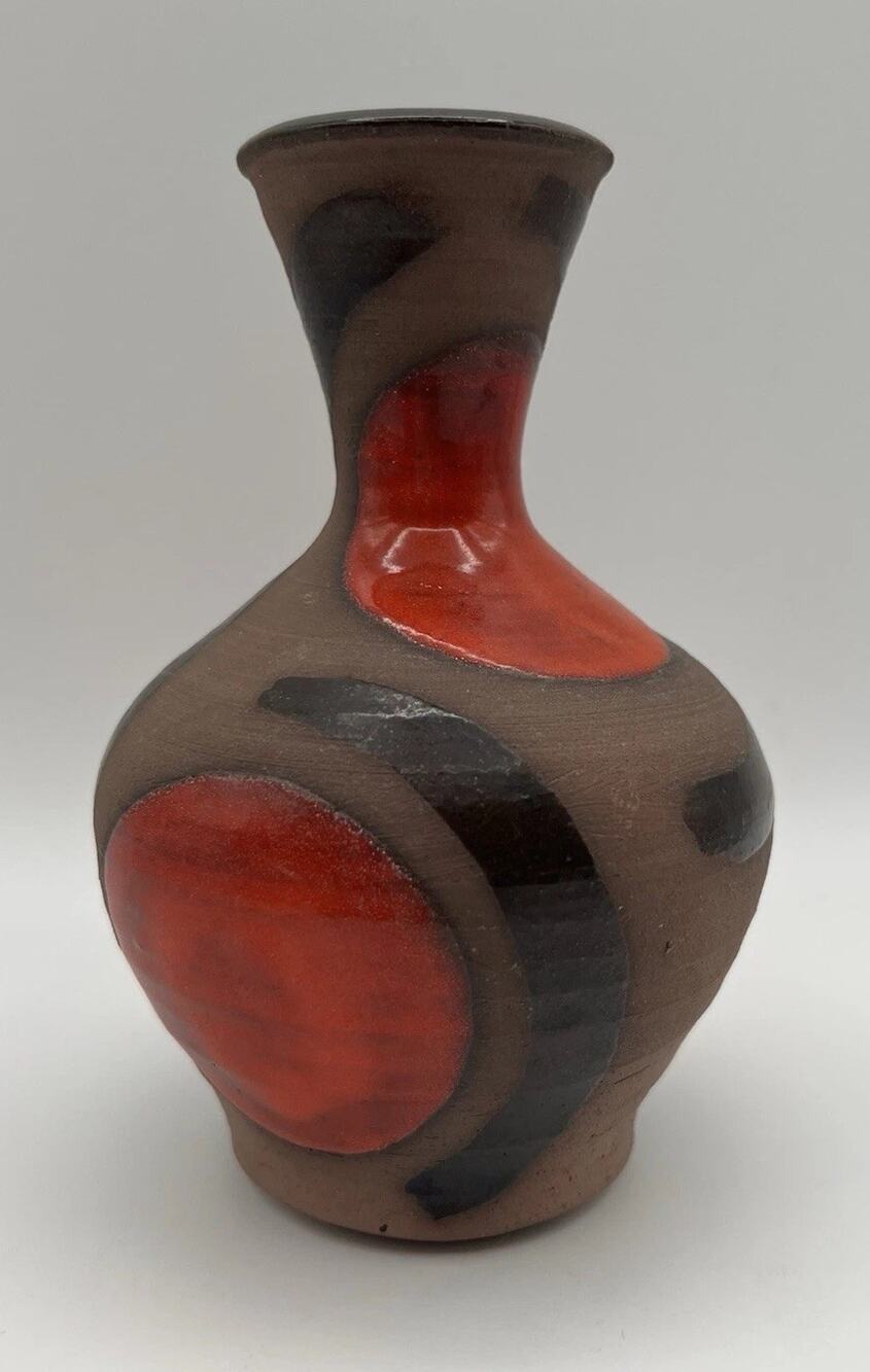 Studio Art Pottery Bud Vase 6” Brown w Glazed Orange Dots Signed Martha